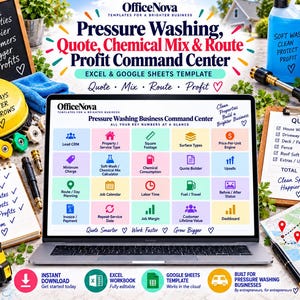 May include: A laptop displaying an OfficeNova Pressure Washing Business Command Center template with a grid of colorful icons for lead CRM, job calendars, and quote builders, surrounded by pressure washing equipment, a clipboard, and a map.