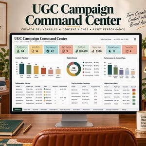 Könnte beinhalten: Ein Computermonitor zeigt ein UGC Campaign Command Center Dashboard mit Datenvisualisierungen, darunter Balkendiagramme, ein Kreisdiagramm und Tabellen zur Nachverfolgung von Creator-Deliverables, Inhaltsrechten und Asset-Performance-Kennzahlen.