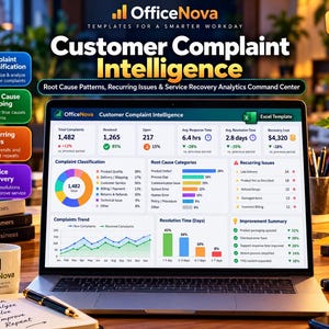 Może przedstawiać: Ekran laptopa wyświetla szablon Excel OfficeNova Customer Complaint Intelligence. Pulpit nawigacyjny zawiera wizualizacje danych, w tym wykres kołowy, wykresy słupkowe i wykresy liniowe śledzące klasyfikację reklamacji, główne przyczyny oraz czas rozwiązywania problemów.