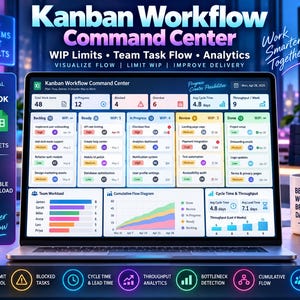 May include: A laptop screen displaying a Kanban Workflow Command Centre dashboard with columns for Backlog, Ready, In Progress, Review, and Done. The interface includes team workload charts, cumulative flow diagrams, and metrics for WIP limits.