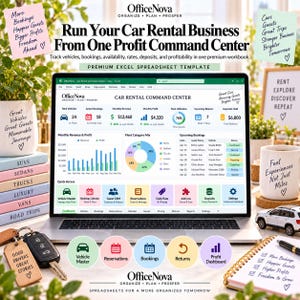 Pode incluir: Uma tela de laptop exibindo o modelo de planilha Excel OfficeNova Car Rental Command Center. O painel apresenta visualizações de dados para utilização da frota, receita mensal, lucro e reservas futuras, além de ícones de navegação.