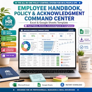 May include: A laptop screen displaying an Employee Handbook, Policy & Acknowledgment Command Center dashboard with charts and data tables. The screen shows metrics like acknowledgment rates and policy categories. A mug and notebook are on the desk.