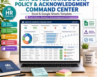 Può includere: Uno schermo di un portatile che mostra una dashboard per il manuale del dipendente, le politiche e i riconoscimenti con grafici e tabelle. Lo schermo mostra metriche come i tassi di riconoscimento e le categorie di policy.
