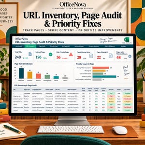 May include: A computer monitor displaying the OfficeNova URL Inventory, Page Audit & Priority Fixes Excel template. The screen shows data dashboards, charts, and a detailed spreadsheet table for tracking website pages, content scores, and SEO tasks.