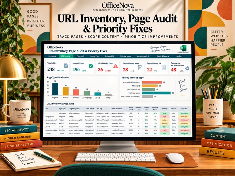 May include: A computer monitor displaying the OfficeNova URL Inventory, Page Audit & Priority Fixes Excel template. The screen shows data dashboards, charts, and a detailed spreadsheet table for tracking website pages, content scores, and SEO tasks.