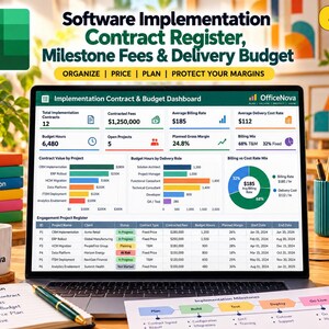 May include: A laptop screen displays an OfficeNova software implementation contract and budget dashboard with data tables, bar charts, and a pie chart. The screen shows project names, contracted fees, budget hours, and margins.