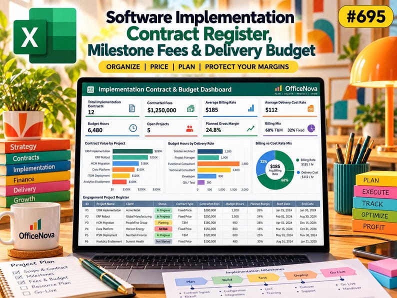 May include: A laptop screen displays an OfficeNova software implementation contract and budget dashboard with data tables, bar charts, and a pie chart. The screen shows project names, contracted fees, budget hours, and margins.