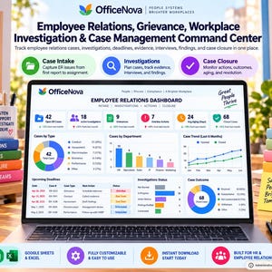 Puede incluir: Un ordenador portátil que muestra un panel de control de relaciones laborales de OfficeNova con visualizaciones de datos, seguimiento de casos y métricas. La pantalla muestra la admisión, las investigaciones y el estado de cierre.