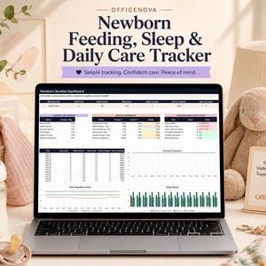 Puede incluir: Un ordenador portátil que muestra un panel de control para el seguimiento de la alimentación, el sueño y el cuidado diario del recién nacido de Officenova. La pantalla muestra tablas y gráficos. El texto dice: Newborn Feeding, Sleep & Daily Care Tracker.