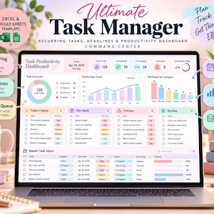 Peut inclure: Un modèle de gestionnaire de tâches numérique pour Excel et Google Sheets affiché sur un écran d'ordinateur portable. Le tableau de bord comprend un aperçu des tâches, des graphiques de tendance, des catégories de charge et des listes de suivi.