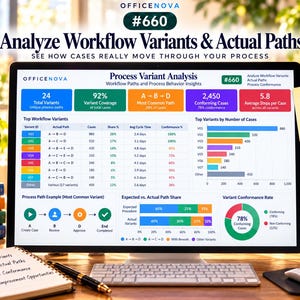 May include: A computer monitor displays an OfficeNova dashboard titled Process Variant Analysis, featuring colorful charts, tables, and metrics about workflow paths. A notebook with a checklist, a pen, and a mug sit on the desk.