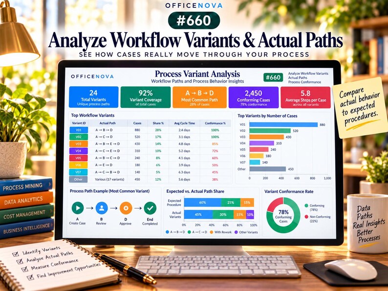 May include: A computer monitor displays an OfficeNova dashboard titled Process Variant Analysis, featuring colorful charts, tables, and metrics about workflow paths. A notebook with a checklist, a pen, and a mug sit on the desk.