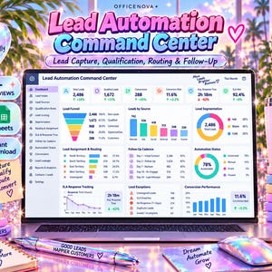 May include: A laptop screen displaying a Lead Automation Command Center dashboard with charts, funnels, and metrics. Surrounding items include a pink mug, stacked books labeled with business terms, a metallic pen, and a mouse on a holographic pad.