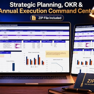 May include: A digital strategic planning, OKR, and annual execution command centre dashboard displayed on a laptop and tablet screen. The interface features executive scorecards, budget versus spend bar charts, and quarterly execution trend line graphs.