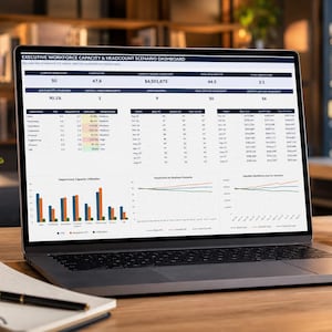 Può includere: Un computer portatile che mostra una dashboard per la capacità della forza lavoro e gli scenari di organico. Lo schermo presenta varie tabelle di dati, grafici a barre e a linee che dettagliano il numero di dipendenti, i costi del lavoro e le metriche.