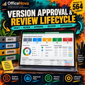 May include: A digital template for a version approval and review lifecycle displayed on a laptop screen. The interface shows status overviews, approval workflows, and version history. Beside the laptop are labeled binders and a pen holder.