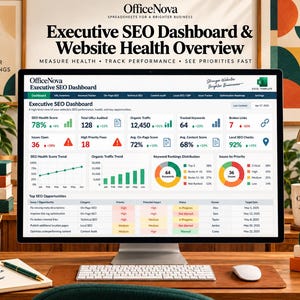 May include: A computer monitor displaying an OfficeNova Executive SEO Dashboard and Website Health Overview. The screen shows data metrics including SEO health score, organic traffic, keyword rankings, and a table of top SEO opportunities.