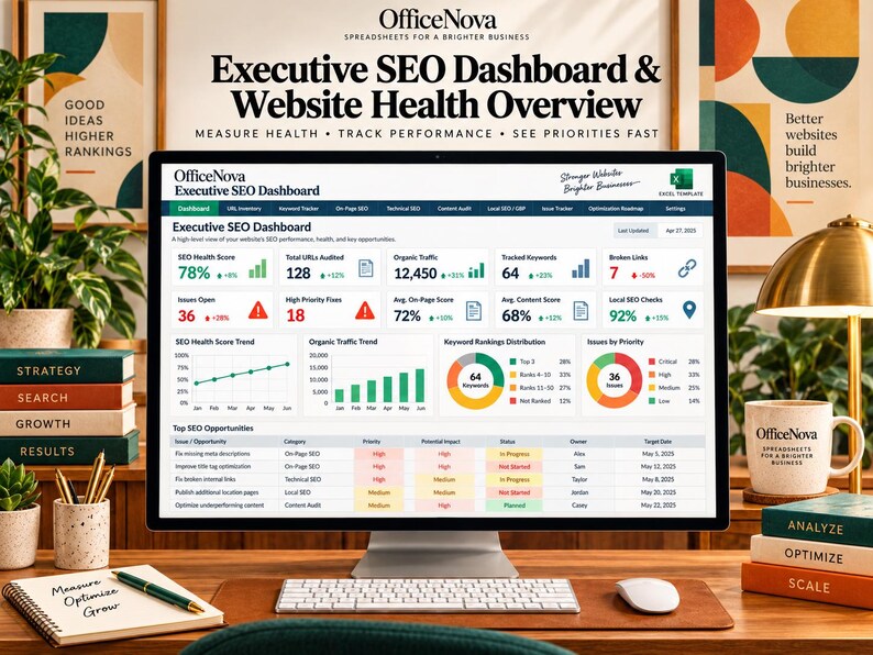 May include: A computer monitor displaying an OfficeNova Executive SEO Dashboard and Website Health Overview. The screen shows data metrics including SEO health score, organic traffic, keyword rankings, and a table of top SEO opportunities.