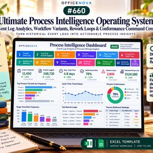 May include: A laptop screen displays the OfficeNova #660 Ultimate Process Intelligence Operating System dashboard, featuring colorful data charts, process analytics, and workflow metrics. Beside the laptop are stacked books, a notepad, and a mug.