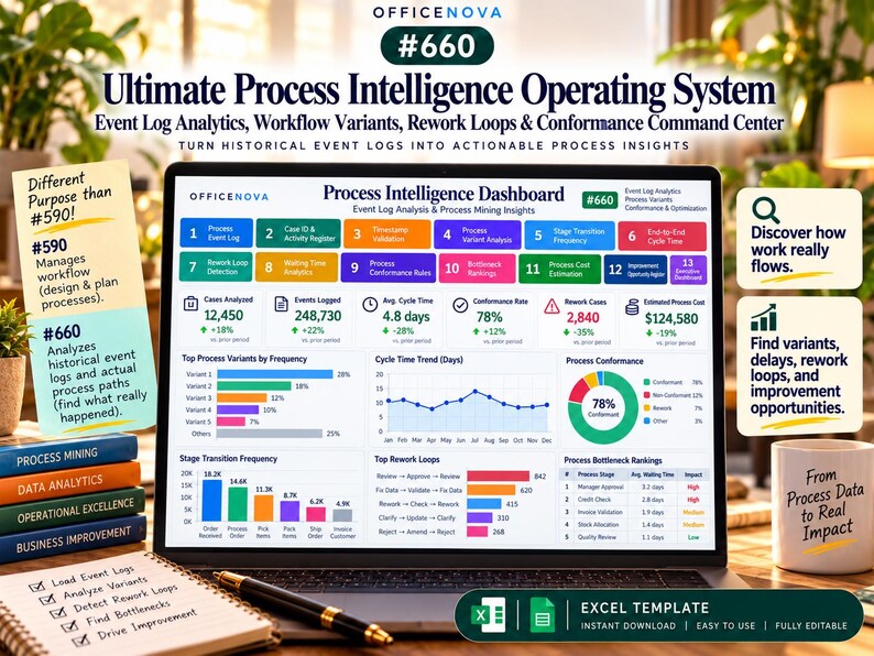 May include: A laptop screen displays the OfficeNova #660 Ultimate Process Intelligence Operating System dashboard, featuring colorful data charts, process analytics, and workflow metrics. Beside the laptop are stacked books, a notepad, and a mug.
