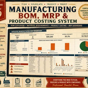 以下が含まれることがあります： OfficeNova Product #89と題された製造BOM、MRP、および製品原価計算システム用のExcelテンプレート。インターフェースには、需要、材料要件、および計画された発注書に関するグラフ、表、データポイントを備えたエグゼクティブ製造MRPダッシュボードが表示されています。