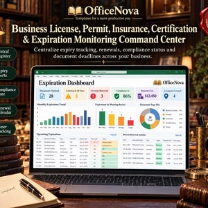 May include: A digital dashboard titled Expiration Dashboard by OfficeNova displayed on a laptop screen. The interface features charts, graphs, and tables tracking business licences, permits, insurance, and certifications with renewal status and compliance metrics.