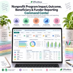 May include: A digital dashboard titled Nonprofit Impact Reporting Command Center by OfficeNova displayed on a laptop screen. The interface features data visualisations, charts, and tables tracking programmes, beneficiaries, outcomes, and funder KPIs.
