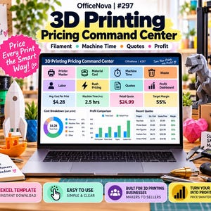 May include: A laptop displaying the 3D Printing Pricing Command Center software interface, featuring colorful data tables, cost breakdown charts, and profit comparison graphs for managing 3D printing business expenses, quotes, and margins.