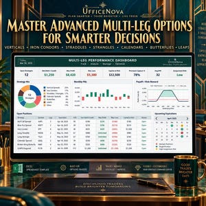 May include: A computer monitor displaying a Multi-Leg Performance Dashboard with financial data, charts, and strategy tables. The screen shows text including Master Advanced Multi-Leg Options For Smarter Decisions and various trading metrics.