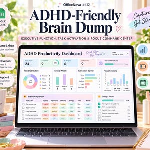 Op de afbeelding: Een laptopscherm met een ADHD-productiviteitsdashboard-sjabloon voor Excel en Google Sheets. De interface bevat een Brain Dump-inbox, taakverdelingsgrafieken, energiematch-statistieken en focus-sessielogboeken met pastelkleurige UI-elementen.