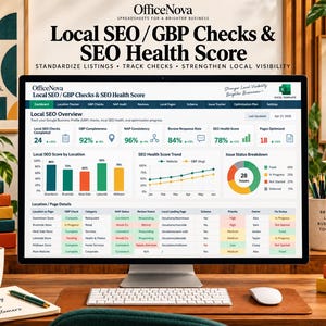 May include: A computer monitor displaying an OfficeNova Local SEO and GBP Checks dashboard with data visualizations, bar charts, and a status table. The screen shows metrics like SEO health scores, review response rates, and issue breakdowns.