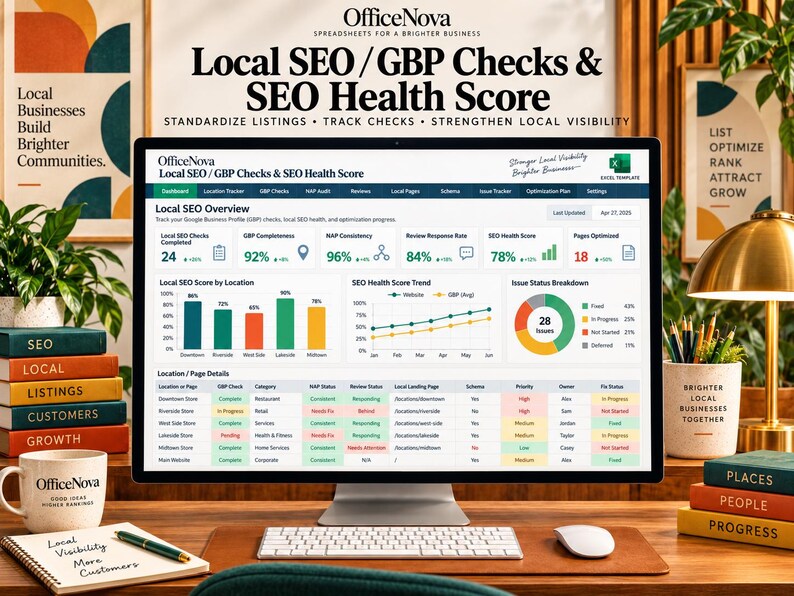 May include: A computer monitor displaying an OfficeNova Local SEO and GBP Checks dashboard with data visualizations, bar charts, and a status table. The screen shows metrics like SEO health scores, review response rates, and issue breakdowns.