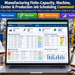 Op de afbeelding: Een laptop met het OfficeNova Manufacturing Production Scheduling Command Center dashboard, met tabellen voor dagelijkse productieschema's, orderprioriteiten en grafieken voor machinegebruik, naast een witte veiligheidshelm en metalen tandwielen.