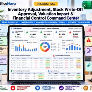 May include: A digital dashboard titled Inventory Financial Controls Dashboard on a laptop screen, displaying data tables, bar charts, and pie charts for inventory adjustments, stock write-offs, and financial impact metrics.
