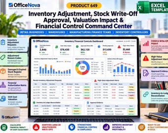 May include: A digital dashboard titled Inventory Financial Controls Dashboard on a laptop screen, displaying data tables, bar charts, and pie charts for inventory adjustments, stock write-offs, and financial impact metrics.