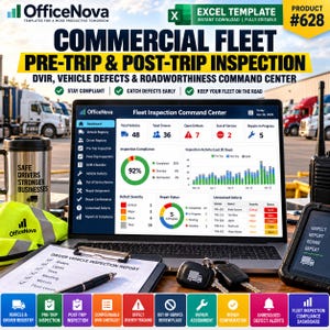May include: A laptop displaying an OfficeNova Fleet Inspection Command Center dashboard, surrounded by a clipboard with a driver inspection form, a pen, keys, a travel mug, a safety vest, and a rugged handheld radio device.