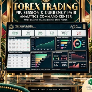 May include: A computer monitor displaying a Forex Trading Pip, Session & Currency Pair Analytics Command Center dashboard. The screen shows various financial data charts, trade logs, equity curves, and risk metrics in a dark, professional interface.