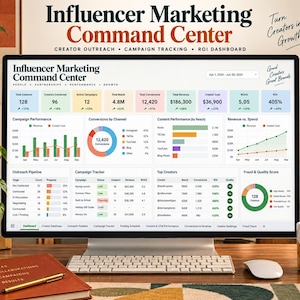 Könnte beinhalten: Ein Computermonitor, der ein Influencer Marketing Command Center Dashboard mit verschiedenen Datendiagrammen, Metriken und Tabellen anzeigt. Der Bildschirm zeigt Kampagnenleistung, Konversionskanäle, Einnahmen und Statistiken zur Creator-Reichweite.