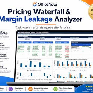 May include: A digital display of an OfficeNova Pricing Waterfall & Margin Leakage Analyzer Excel template. The screen shows financial data tables, bar charts, and metrics for tracking revenue, margin leakage, and customer profitability.