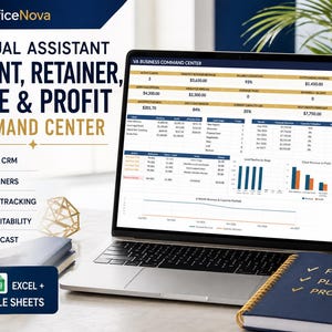 May include: A laptop screen displays the OfficeNova Virtual Assistant Client, Retainer, Time & Profit Command Center dashboard with financial data, charts, and tables. The interface includes sections for lead CRM, retainers, time tracking, and profit forecasting.