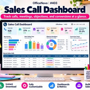 Puede incluir: Un panel de control digital Sales Call Dashboard en un monitor de computadora, con visualizaciones de datos, métricas y una tabla para rastrear llamadas, reuniones y conversiones. La pantalla muestra OfficeNova #403 con gráficos y texto.