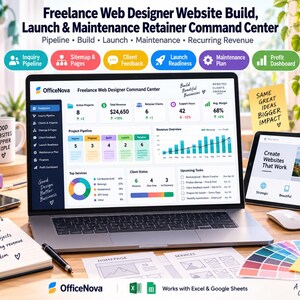 Puede incluir: Un panel de control digital para diseñadores web independientes llamado OfficeNova, mostrado en la pantalla de una computadora portátil. La interfaz presenta tuberías de proyectos, métricas de ingresos, estado del cliente y listas de tareas. Incluye una tableta, cuadernos, muestras de color y bloques de colores.