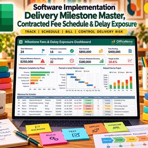 May include: A laptop screen displays the Software Implementation Delivery Milestone Master dashboard with project tracking data, fee schedules, and delay exposure metrics. Surrounding items include a notepad, colorful sticky notes, and mugs.