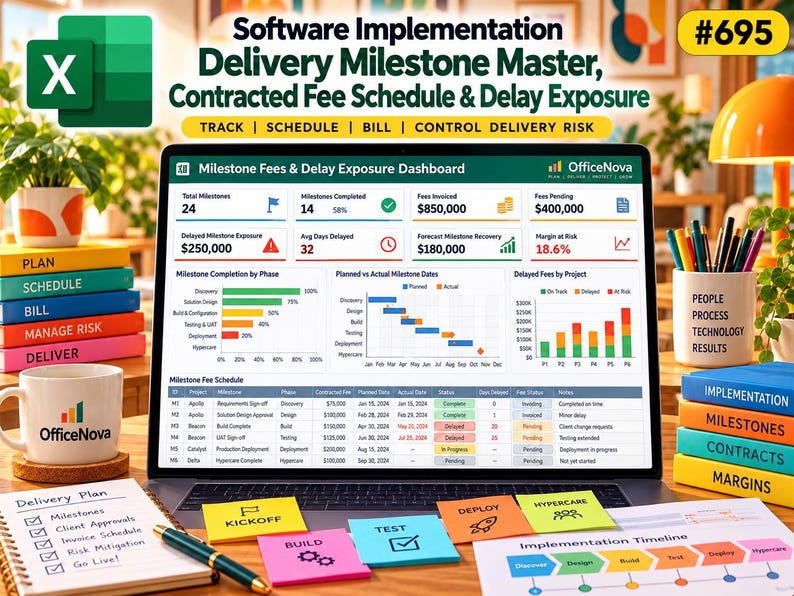 May include: A laptop screen displays the Software Implementation Delivery Milestone Master dashboard with project tracking data, fee schedules, and delay exposure metrics. Surrounding items include a notepad, colorful sticky notes, and mugs.