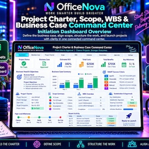 Op de afbeelding: Een digitaal projectmanagementdashboard getiteld OfficeNova Project Charter, Scope, WBS & Business Case Command Center. Het scherm toont diverse datavisualisaties, waaronder staafdiagrammen en trackers voor de projectstatus.