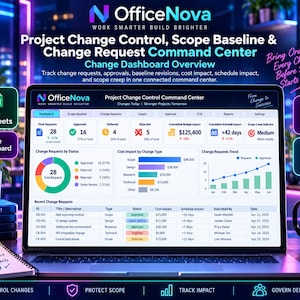 May include: A laptop screen displaying the OfficeNova Project Change Control Command Center dashboard, featuring data visualizations, status charts, and a table of change requests, surrounded by branding text and icons on a dark office desk.