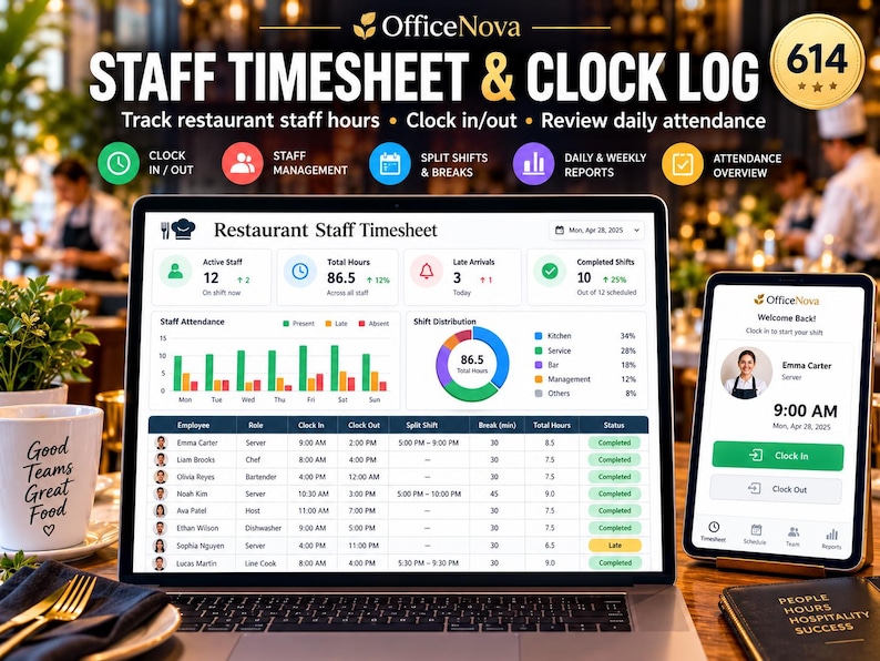Restaurant Timesheet Excel Template, Split Shifts, Overtime, Labor Cost ...