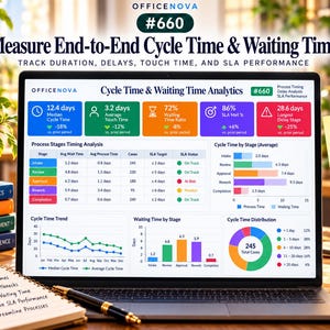 May include: A laptop screen displays the OfficeNova Cycle Time & Waiting Time Analytics dashboard, featuring colorful charts, tables, and metrics like 12.4 days median cycle time. A notepad with a checklist and a mug are nearby.