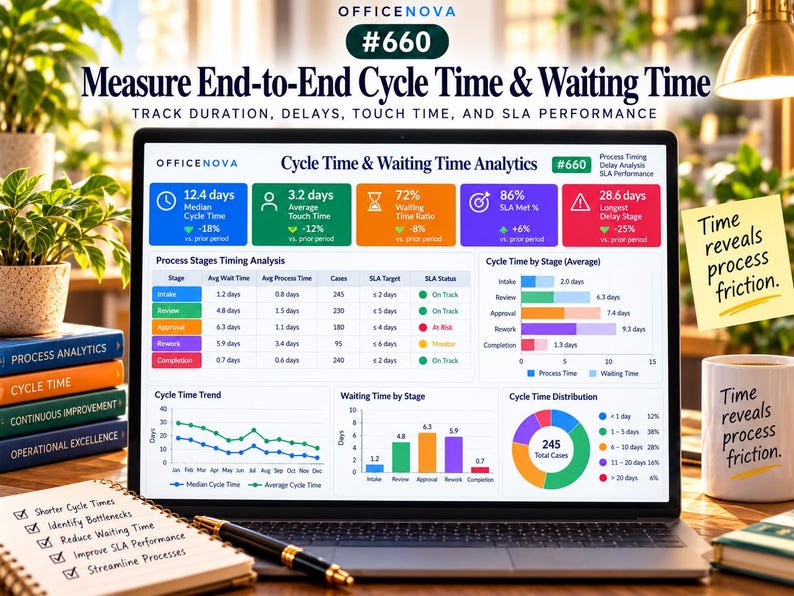 May include: A laptop screen displays the OfficeNova Cycle Time & Waiting Time Analytics dashboard, featuring colorful charts, tables, and metrics like 12.4 days median cycle time. A notepad with a checklist and a mug are nearby.