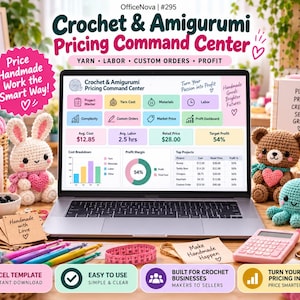 May include: A laptop displaying a Crochet & Amigurumi Pricing Command Center spreadsheet template. The screen shows colorful data fields for yarn costs, labor, and profit margins. Surrounding the laptop are yarn balls, crochet toys, and office supplies.